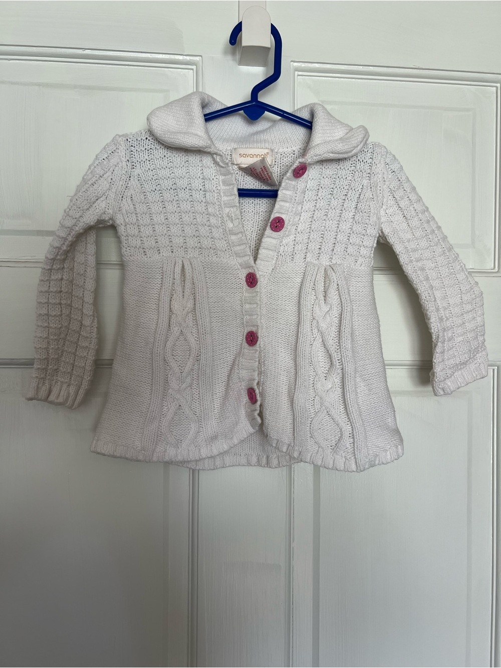 Savannah White Cable Knit Girls' Cardigan with Pink Buttons